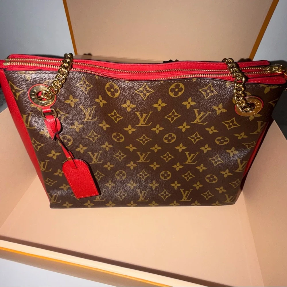 RARE Louis Vuitton Red and Brown Monogram Chain Shoulder Bag Leather Trim - Picture 14 of 16